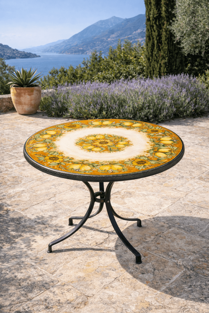Preview: Grande table de jardin colorée en pierre de lave de Sicile avec citrons et tournesols